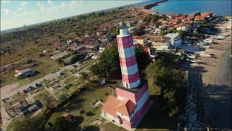 Drone fly around an old lighthouse on the coast of Shabla