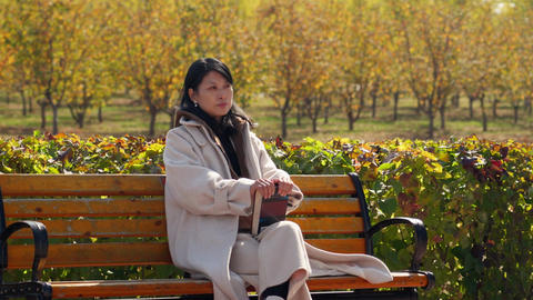 Woman in Cozy Coat Reading on Park Bench in Autumn