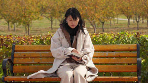 Woman in Cozy Coat Reading on Park Bench in Autumn