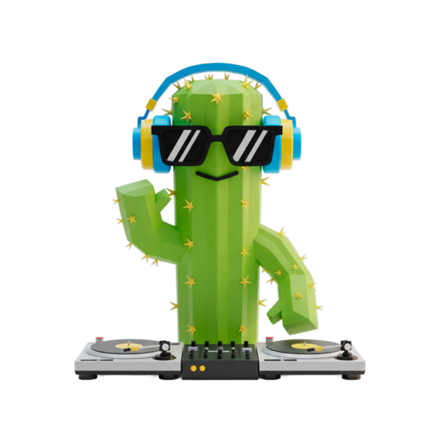 A cool low-poly cactus DJ character with stylish sunglasses and headphones