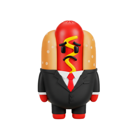 A sad hot dog businessman character illustrating corporate failure and job stress isolated