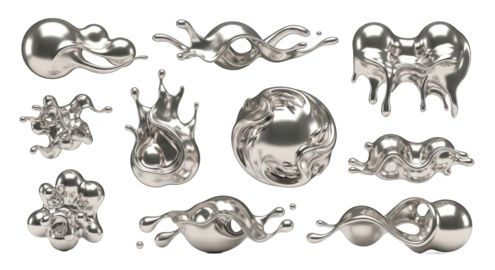 A dynamic collection of liquid metal splashes symbolizing futuristic fluidity