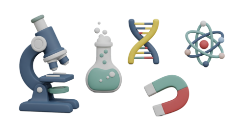 A vibrant collection of 3D science icons representing biology, chemistry, and physics