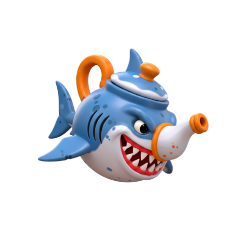 A whimsical shark teapot character with a menacing grin