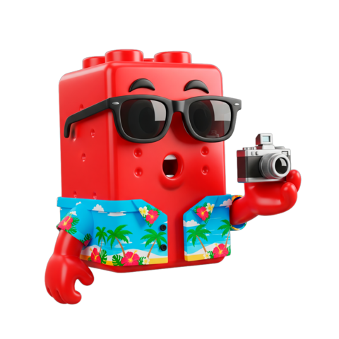A cool red building block tourist with a camera capturing fun vacation