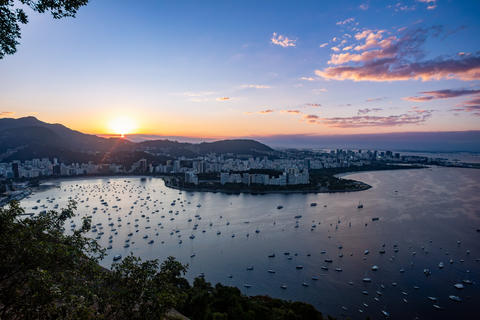 Golden Hour panorama of Guanabara Bay with the distinct shape of Santos Dumont Airport. Rio de