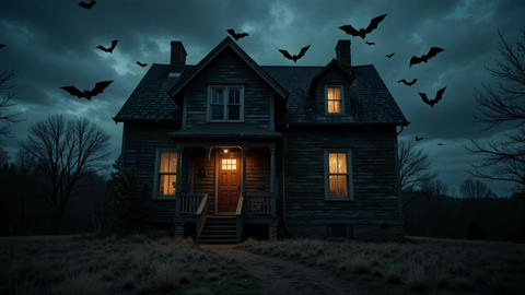 Happy Halloween Haunted House with Flickering Lights and Bats Seamless Looping Timelapse Animation