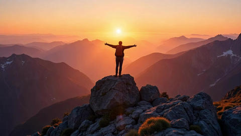 Hiker on Rocky Peak at Sunset Embracing Nature: Adventure and Freedom Mobile Wallpaper