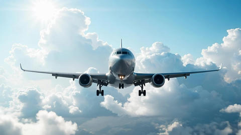 Commercial Airplane Flying Through Sky with Clouds Video Horizontal