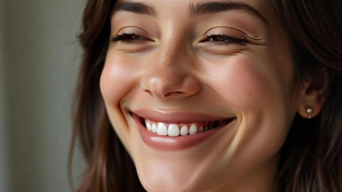 Gentle Smile Appears on a Photorealistic Face with Natural Soft Shadows Revealing Joy