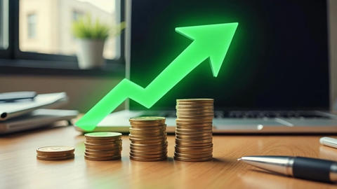 Stacks of Coins and Upward Arrow Symbolize Financial Growth and Investment Success