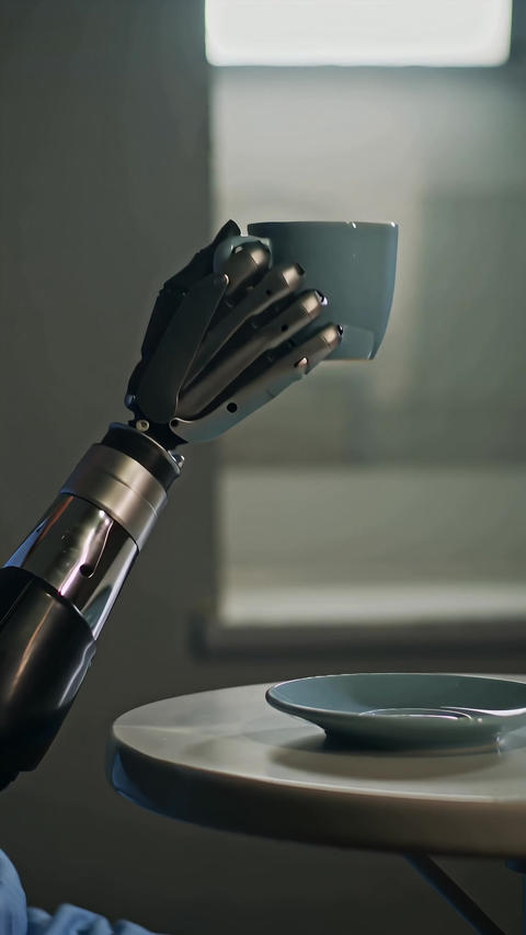 Hospital Patient Prosthetic Arm holding Coffee Cup Amputee Disability Rehabilitation Bionic Tech