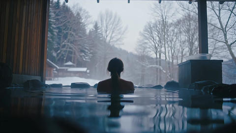 Bathing inside Onsen Hot Spring Water Snowy Winter Japanese Warm Relaxation Tourism Vacation Spa
