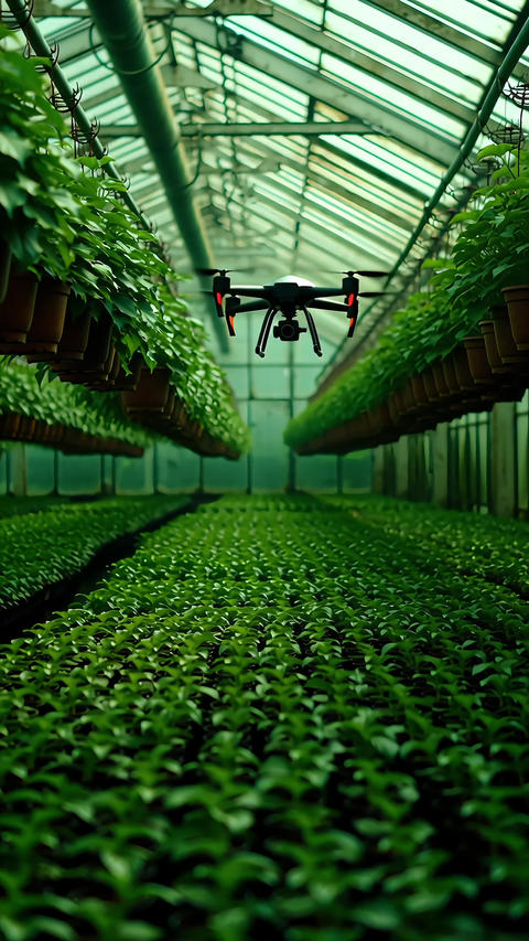 Drone watering in greenhouse garden Agriculture Automation Sustainable Farm AI Robotic Tech