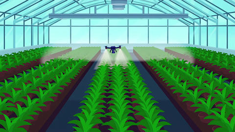 Drone watering greenhouse garden Agriculture Automation Sustainable Farm AI Irrigation Robotic Tech