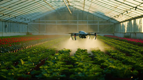Drone watering greenhouse garden Agriculture Automation Sustainable Farm AI Irrigation Robotic Tech