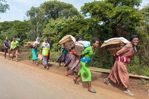 Everyday scene capturing the physical effort of transporting market goods on the dusty road outside