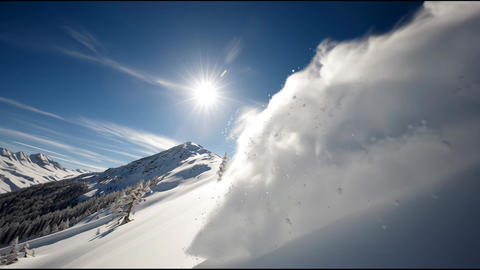 Exciting Skiing Adventure on a Sunny Mountain With Fresh Powder in the Morning