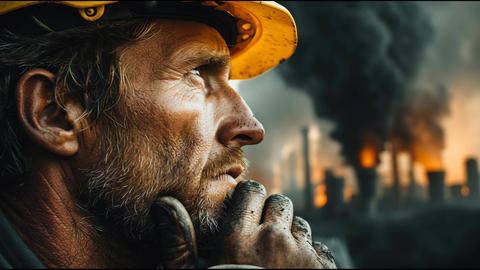 Worker in Hard Hat Reflects on Pollution and Industry at Sunset in a City With