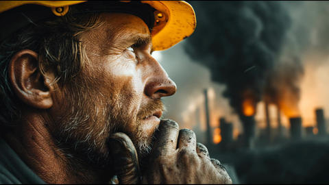Worker Reflects on Environmental Changes Near a Construction Site at Sunset With