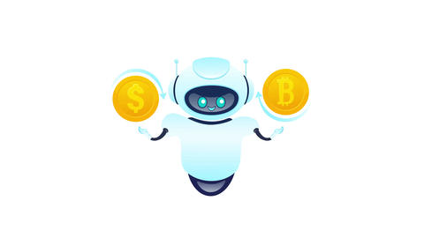 Robot presenting bitcoin and dollar coins on white and green screen backgrounds