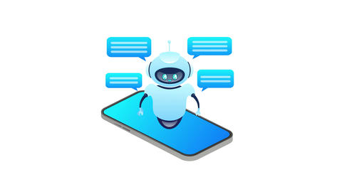 Chatbot standing on smartphone with speech bubbles on white and green screen