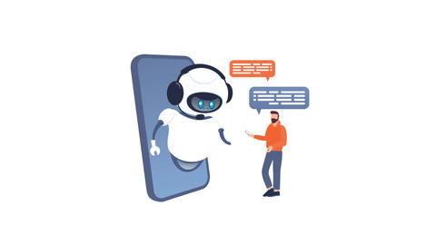 Chatbot assisting customer on smartphone, white and green screen