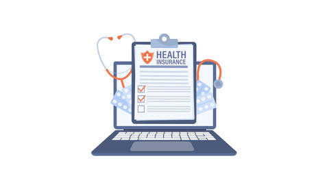 Health insurance online form on laptop with stethoscope and pills