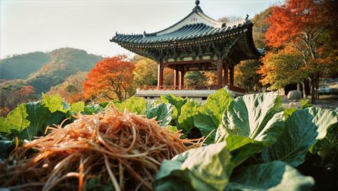 Fresh Cabbage Leaves With Dried Stalks Before Hillside Pavilion Framed By Fiery Maples, Cool Shaded