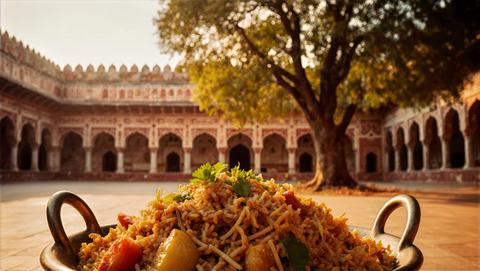 Saffron Rice With Vegetables And Herbs In Metal Bowl, Sunlit Fort Courtyard And Banyan Leaves