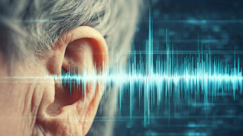 Human senior ear with sound waves simulation technology
