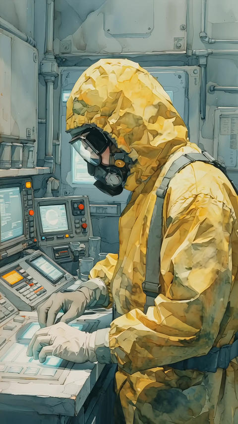 Hazmat Radiation Suit Scientist at Control Nuclear Energy Power Plant Radioactive Safety Industry