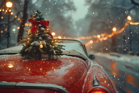 Vintage red car adorned with Christmas tree and lights in snowy winter street scene