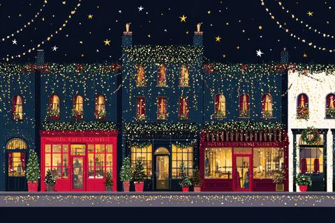 Festive street scene with illuminated shops and holiday decorations in a charming neighborhood