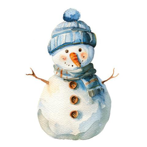 Watercolor illustration of a cheerful snowman wearing a blue hat and scarf with buttons