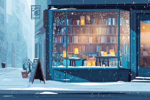 Cozy bookstore exterior with snow falling and warm lights creating a welcoming atmosphere