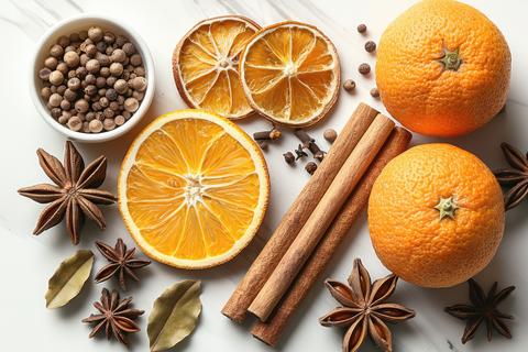 Fresh oranges, dried citrus slices, and spices arranged on a marble surface for culinary inspiration