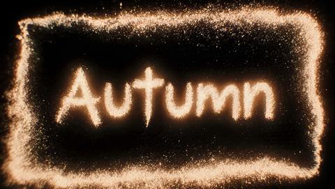 Sparkling Autumn Text Inside Glowing Golden Frame, Dark Magical Night Backdrop, Festive Seasonal