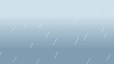 Pixel art rain fall on blue gradient background. Rain drops falling backdrop, retro video-game style