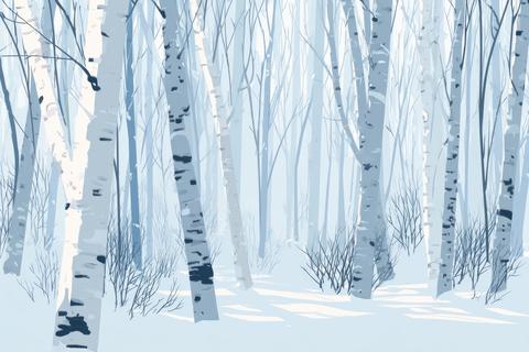 Winter forest landscape illustration with birch trees and soft snow-covered ground