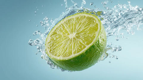 A fresh lime wedge, frozen motion with one dynamic water splash