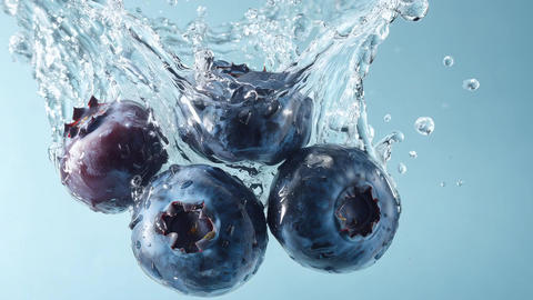 Fresh blueberries frozen motion with one dynamic water splash