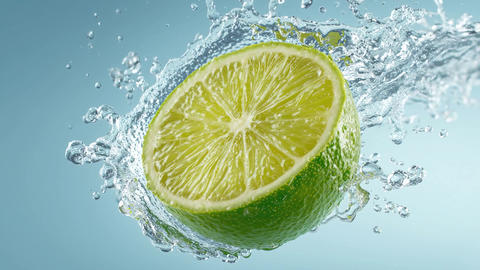 A fresh lime wedge, frozen motion with one dynamic water splash