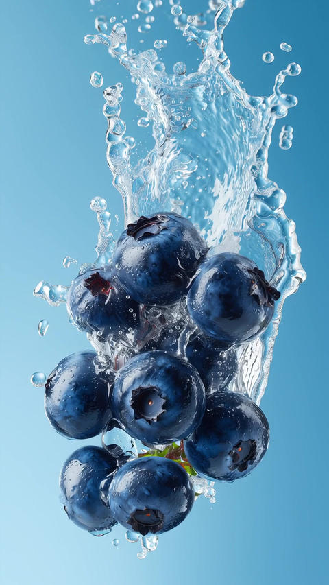 Fresh blueberries frozen motion with one dynamic water splash