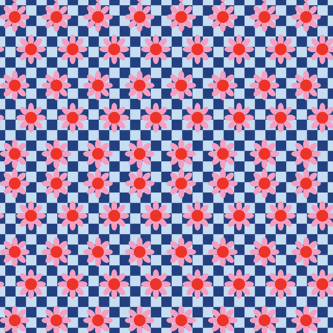 Checkered pattern with flowers in retro style 60s