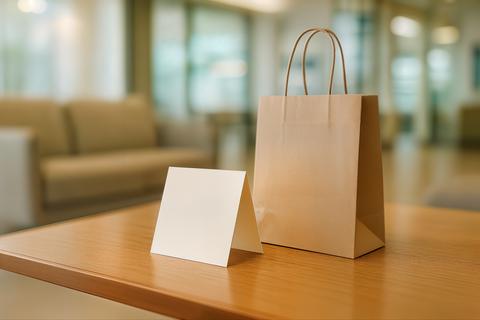 Table Tent Card Beside A Kraft Shopping Bag On A Wooden Counter In A Warm Store Interior, Providing