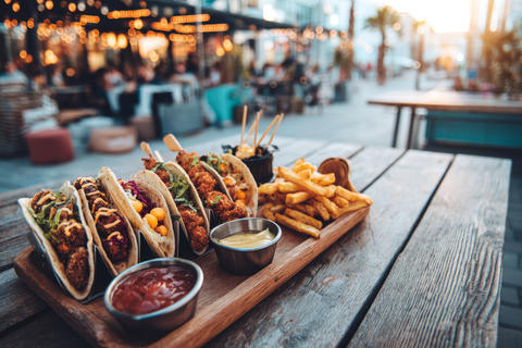 Assorted tacos with sauces and french fries served on wooden board at outdoor restaurant