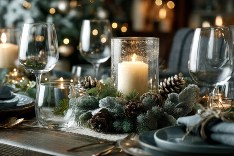 Elegant Christmas dinner table with candle holder, glassware, and greenery decor