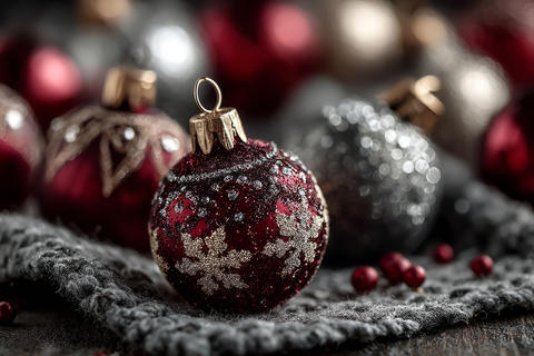 Red and silver Christmas baubles with shiny texture and decorative details