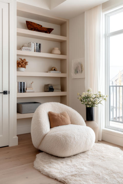 Soft armchair with pillow and rug beside bookshelf and large window